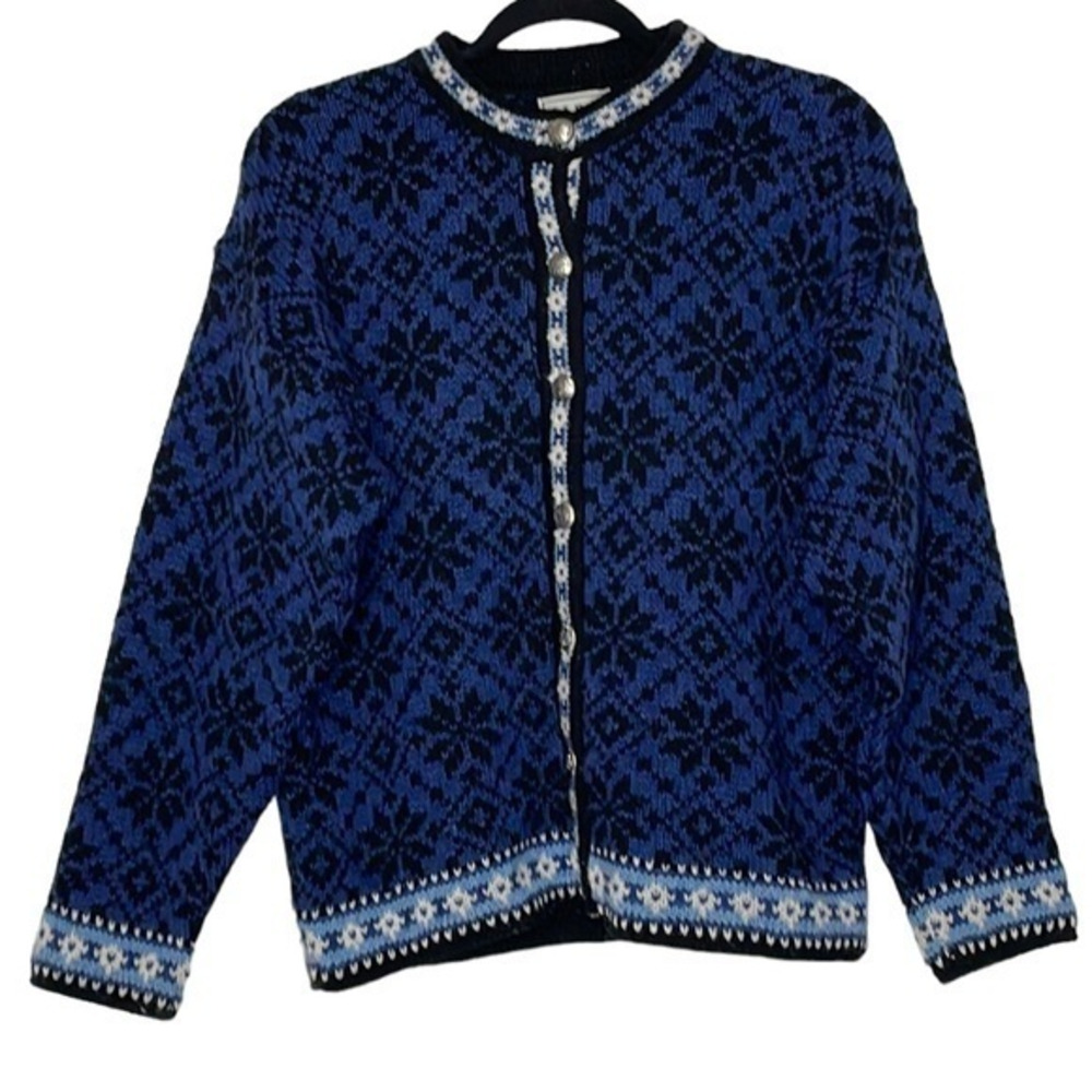 L.L. Bean Wool Fair Isle Nordic Cardigan Sweater Silver Buttons Size Medium (M)